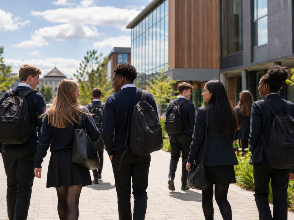 Secondary school students walking to a woking school